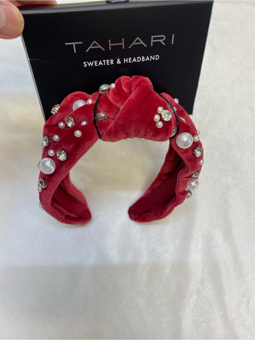 TAHARI Red Velvet Pearl Beaded Knotted Headband new